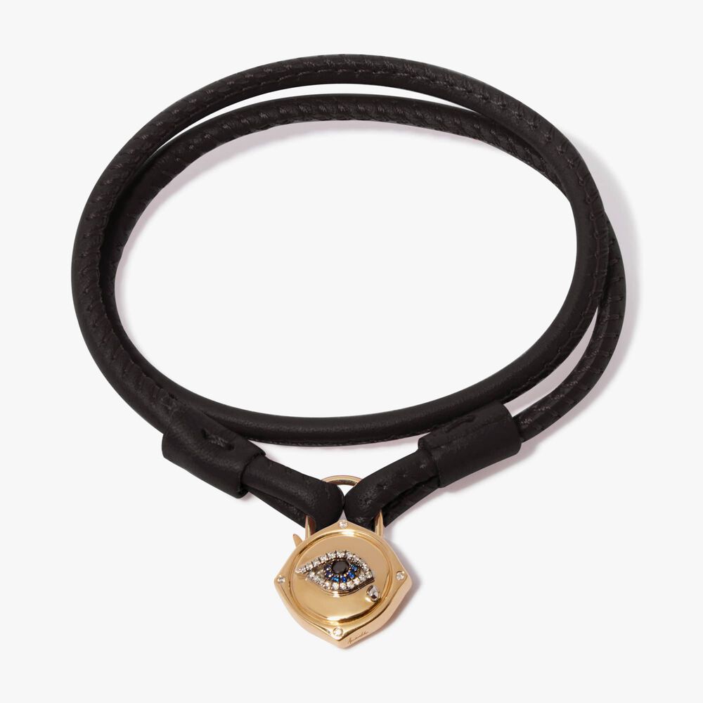 Lovelock 18ct Yellow Gold 35cms Black Leather Evil Eye Charm Bracelet | Annoushka jewelley